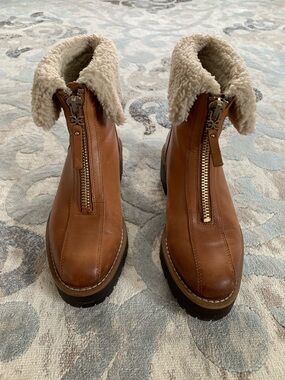 Sam Edelman Chestnut Brown Leather Zip-Front Shearling Cuff Booties, size 5,5